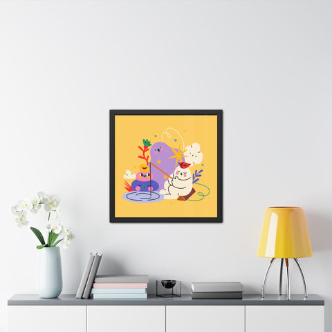 Fun Land 3 - Colorful Whimsical Framed Poster - Playful Art with Fishing Cat and Fantasy Landscape