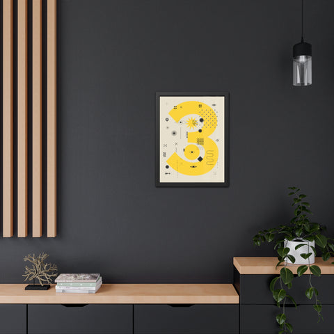Kinta 3 - Modern Geometric Framed Poster - Bold Yellow '3' Design for Art Lovers