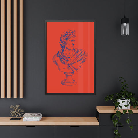 Greeked Out 3 - Vintage-Inspired Framed Poster of Classical Bust on Vibrant Background