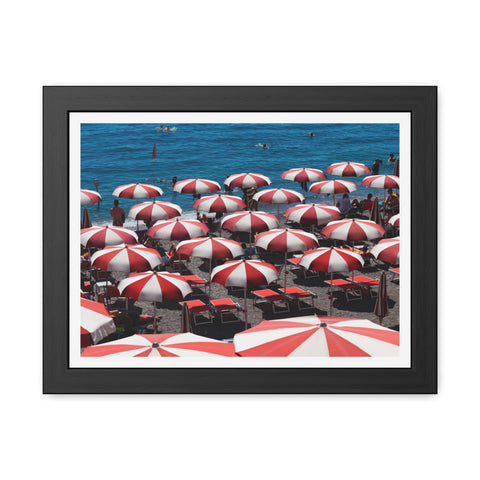 Red Umbrellas - Beach Umbrella Framed Poster - Coastal Decor for Summer Vibes