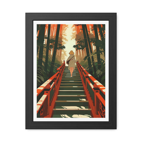 Into the Forest - Tranquil Nature Framed Poster - Serene Stairs through Bamboo Forest