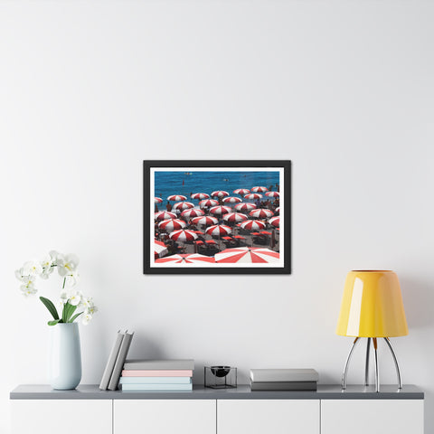 Red Umbrellas - Beach Umbrella Framed Poster - Coastal Decor for Summer Vibes