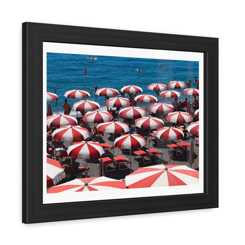 Red Umbrellas - Beach Umbrella Framed Poster - Coastal Decor for Summer Vibes