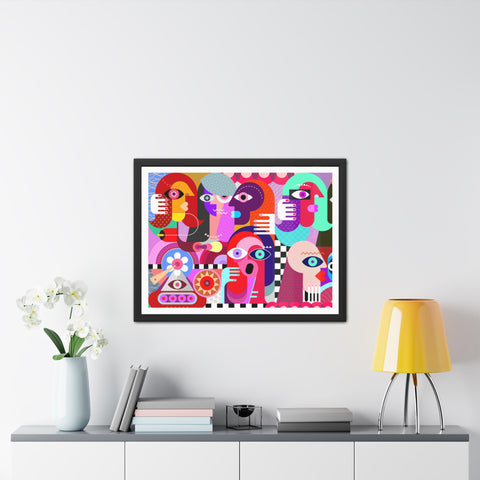 A Busy Day - Vibrant Framed Art Poster - Colorful Abstract Faces Design