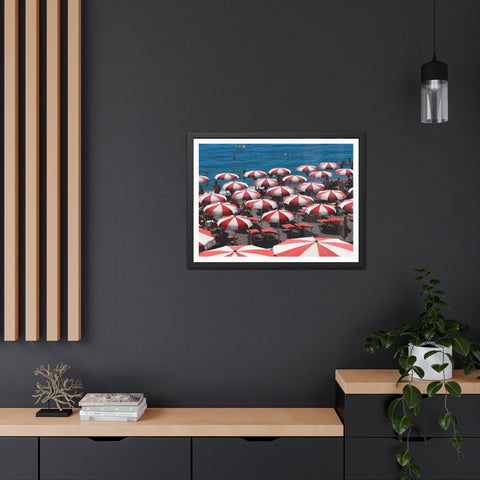 Red Umbrellas - Beach Umbrella Framed Poster - Coastal Decor for Summer Vibes