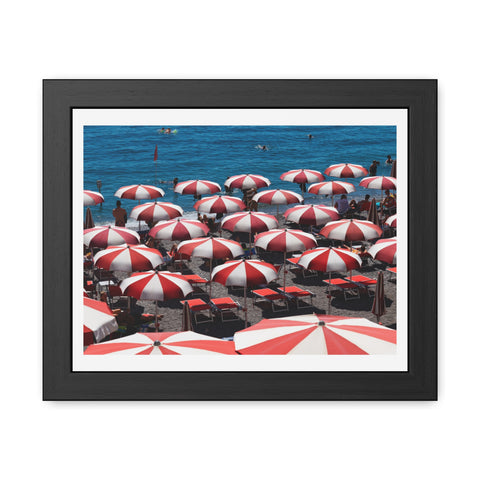 Red Umbrellas - Beach Umbrella Framed Poster - Coastal Decor for Summer Vibes