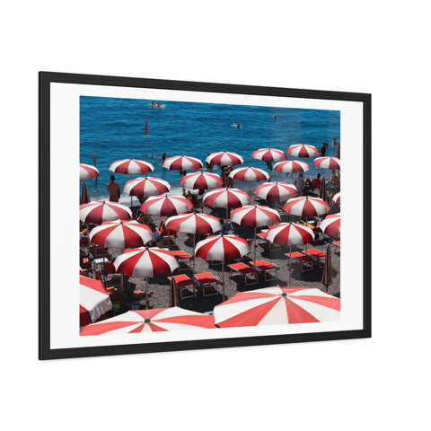Red Umbrellas - Beach Umbrella Framed Poster - Coastal Decor for Summer Vibes