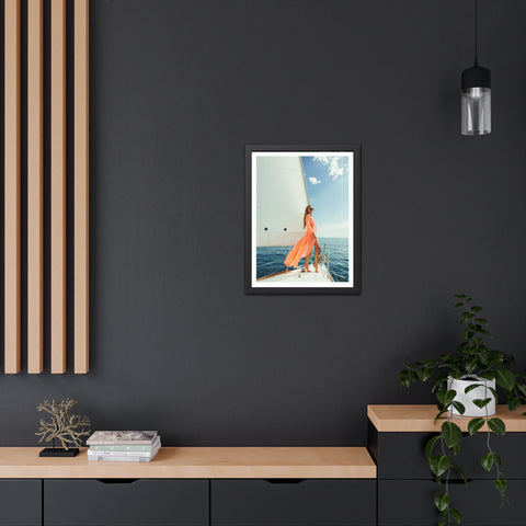 On the boat 2 - Elegant Framed Poster - Sailing Woman in Coral Dress - Nautical Wall Art