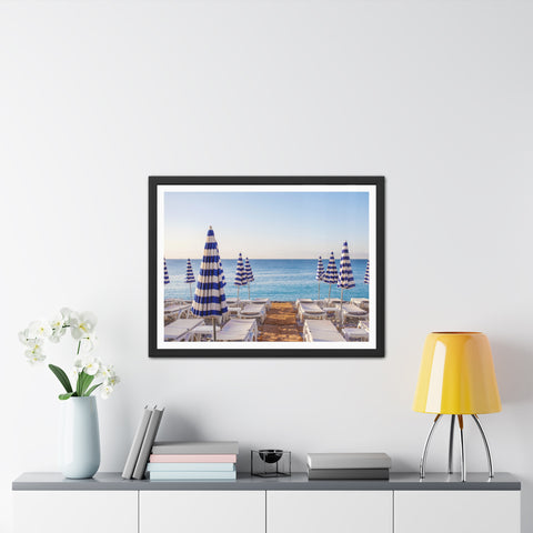 Blue Umbrellas - Beachfront Relaxation Framed Poster - Coastal Decor for Summer Vibes