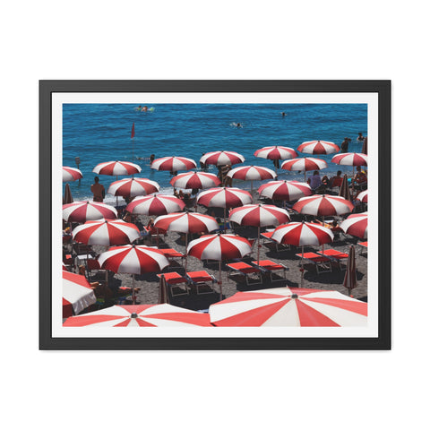 Red Umbrellas - Beach Umbrella Framed Poster - Coastal Decor for Summer Vibes