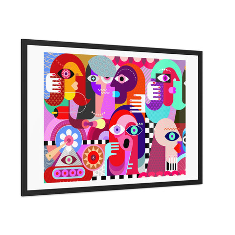 A Busy Day - Vibrant Framed Art Poster - Colorful Abstract Faces Design