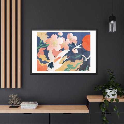 Pelican 1 - Elegant Framed Poster with Cherry Blossoms and Cranes - Art for Home Decor