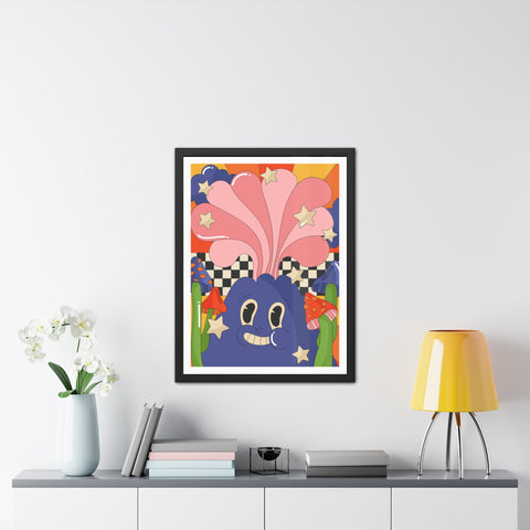 Fantasland 1 - Whimsical Framed Poster - Colorful Character with Stars and Mushrooms