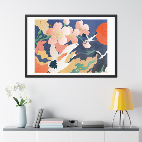 Pelican 1 - Elegant Framed Poster with Cherry Blossoms and Cranes - Art for Home Decor