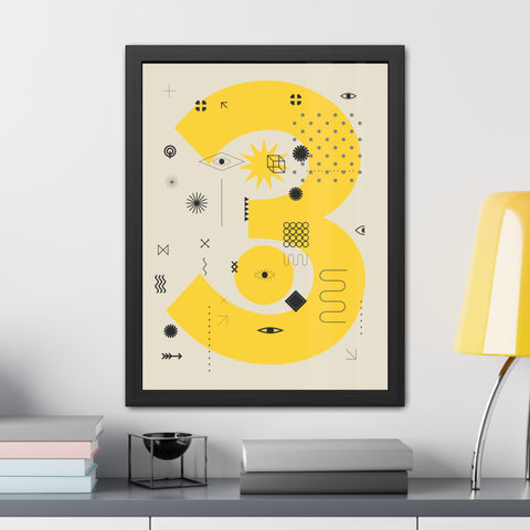 Kinta 3 - Modern Geometric Framed Poster - Bold Yellow '3' Design for Art Lovers