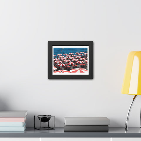Red Umbrellas - Beach Umbrella Framed Poster - Coastal Decor for Summer Vibes