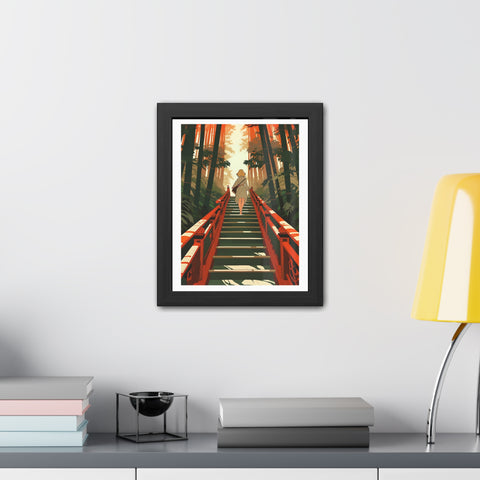 Into the Forest - Tranquil Nature Framed Poster - Serene Stairs through Bamboo Forest