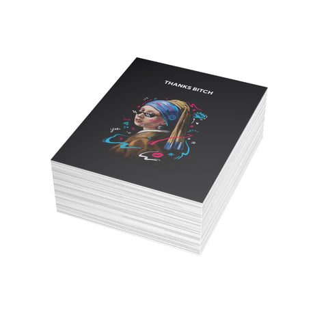 “Thanks Bitch” Girl with Pearl Reimagined Greeting Card — Thank you Greeting Card - Illustrated, Funny, Snarky, Modern