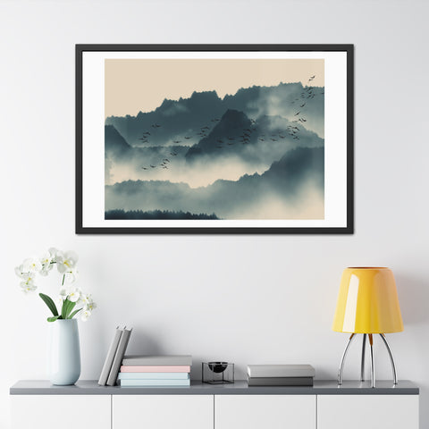 Foggy Morning 2 - Serene Mountain Landscape Framed Poster - Nature Wall Art for Tranquil Spaces