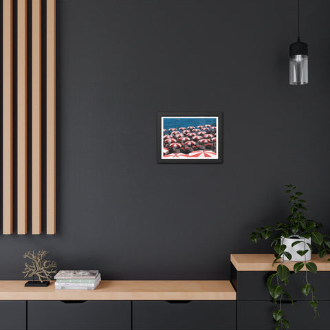Red Umbrellas - Beach Umbrella Framed Poster - Coastal Decor for Summer Vibes