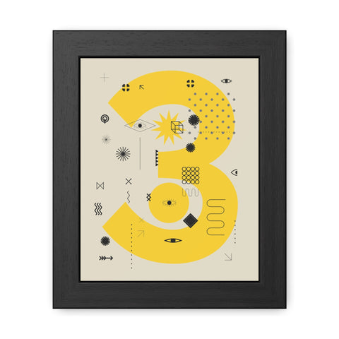 Kinta 3 - Modern Geometric Framed Poster - Bold Yellow '3' Design for Art Lovers