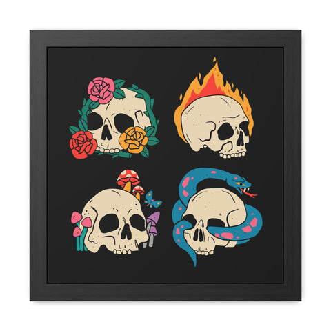 Four Skulls - Edgy Skull Art Framed Posters - Colorful Wall Decor for Halloween & Rock Lovers