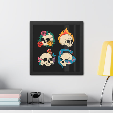 Four Skulls - Edgy Skull Art Framed Posters - Colorful Wall Decor for Halloween & Rock Lovers