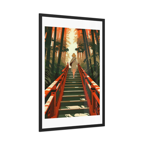 Into the Forest - Tranquil Nature Framed Poster - Serene Stairs through Bamboo Forest