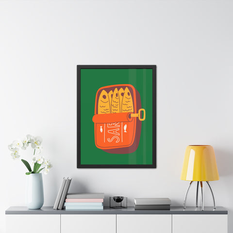 Whimsical Sardines Can Framed Poster – Quirky Wall Art for Foodies and Home Decor