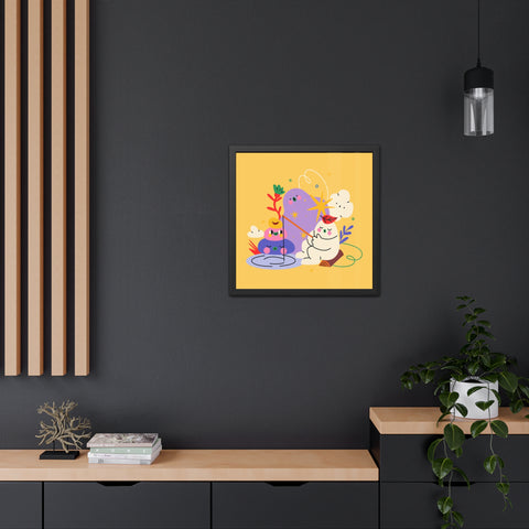 Fun Land 3 - Colorful Whimsical Framed Poster - Playful Art with Fishing Cat and Fantasy Landscape