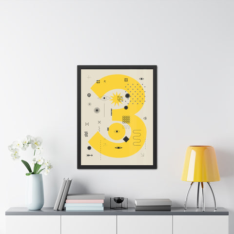 Kinta 3 - Modern Geometric Framed Poster - Bold Yellow '3' Design for Art Lovers