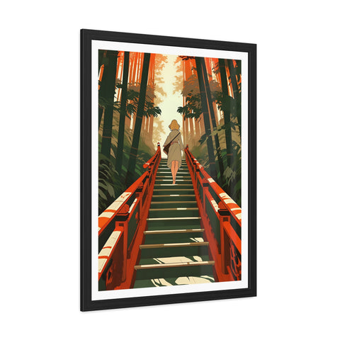 Into the Forest - Tranquil Nature Framed Poster - Serene Stairs through Bamboo Forest