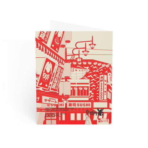 Red Osaka Street Scene Greeting Card — Japan / Abstract Greeting Card - Illustrated, beautiful, any occasion