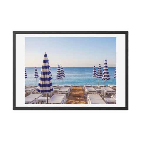 Blue Umbrellas - Beachfront Relaxation Framed Poster - Coastal Decor for Summer Vibes