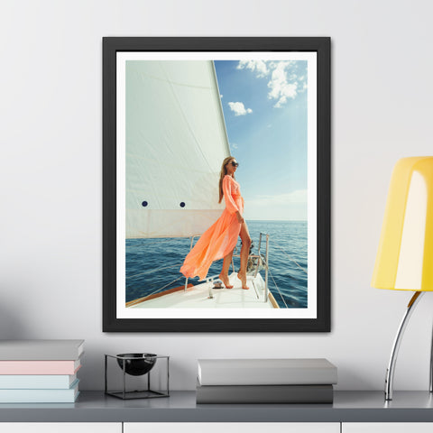 On the boat 2 - Elegant Framed Poster - Sailing Woman in Coral Dress - Nautical Wall Art