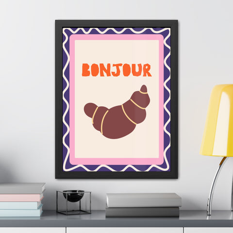 Whimsical Bonjour Croissant Framed Poster - Whimsical Wall Art for Café and Kitchen Decor