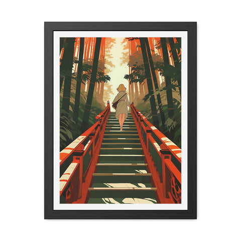 Into the Forest - Tranquil Nature Framed Poster - Serene Stairs through Bamboo Forest