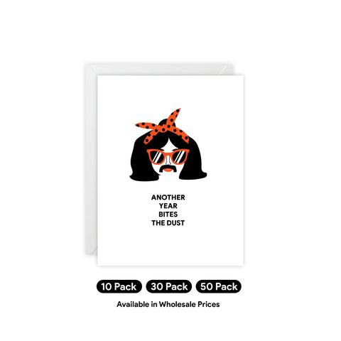 "Another Year Bites the Dust" Retro Woman Birthday Card — Birthday Greeting Card - Illustrated, Funny, Snarky, Modern