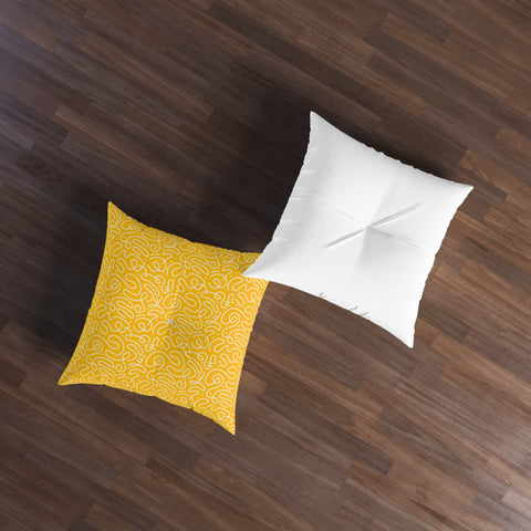 Scribbles (Yellow) - Tufted Floor Pillow, Square