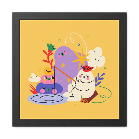 Fun Land 3 - Colorful Whimsical Framed Poster - Playful Art with Fishing Cat and Fantasy Landscape