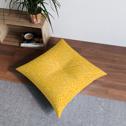 Scribbles (Yellow) - Tufted Floor Pillow, Square