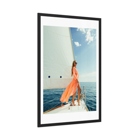 On the boat 2 - Elegant Framed Poster - Sailing Woman in Coral Dress - Nautical Wall Art