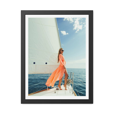 On the boat 2 - Elegant Framed Poster - Sailing Woman in Coral Dress - Nautical Wall Art