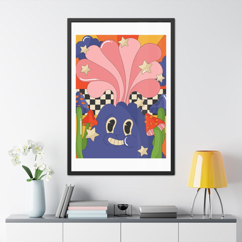 Fantasland 1 - Whimsical Framed Poster - Colorful Character with Stars and Mushrooms