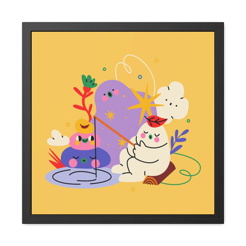 Fun Land 3 - Colorful Whimsical Framed Poster - Playful Art with Fishing Cat and Fantasy Landscape