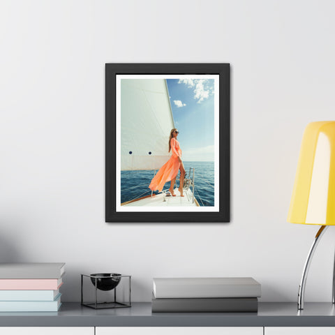 On the boat 2 - Elegant Framed Poster - Sailing Woman in Coral Dress - Nautical Wall Art
