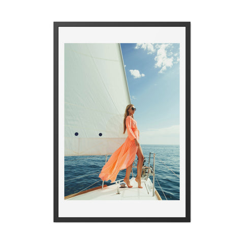 On the boat 2 - Elegant Framed Poster - Sailing Woman in Coral Dress - Nautical Wall Art