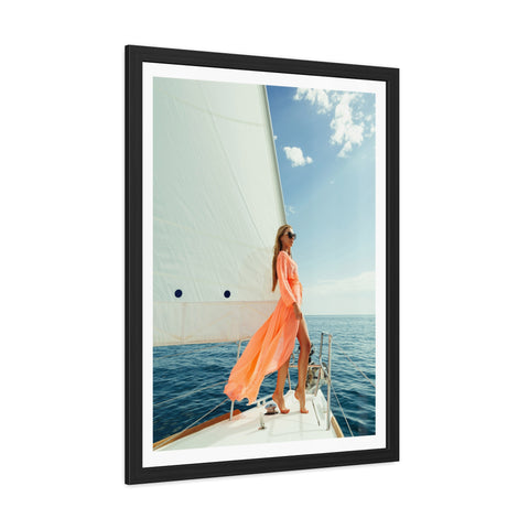 On the boat 2 - Elegant Framed Poster - Sailing Woman in Coral Dress - Nautical Wall Art