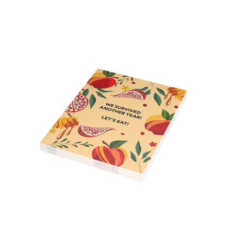 “We Survived Another Year! Let’s Eat!” Floral Fruit Celebration Greeting Card — Rosh Hashanah / Holiday Greeting Card - Illustrated, Modern