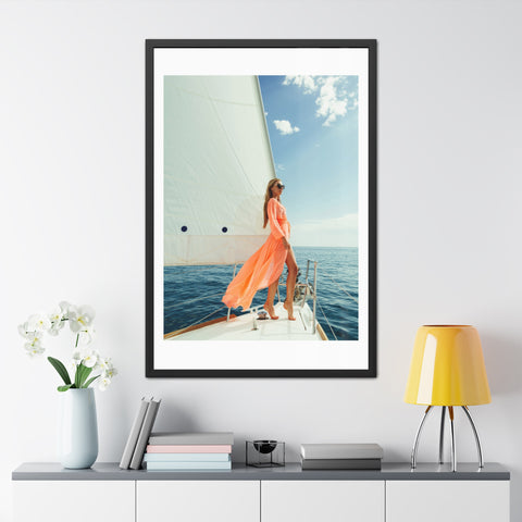 On the boat 2 - Elegant Framed Poster - Sailing Woman in Coral Dress - Nautical Wall Art